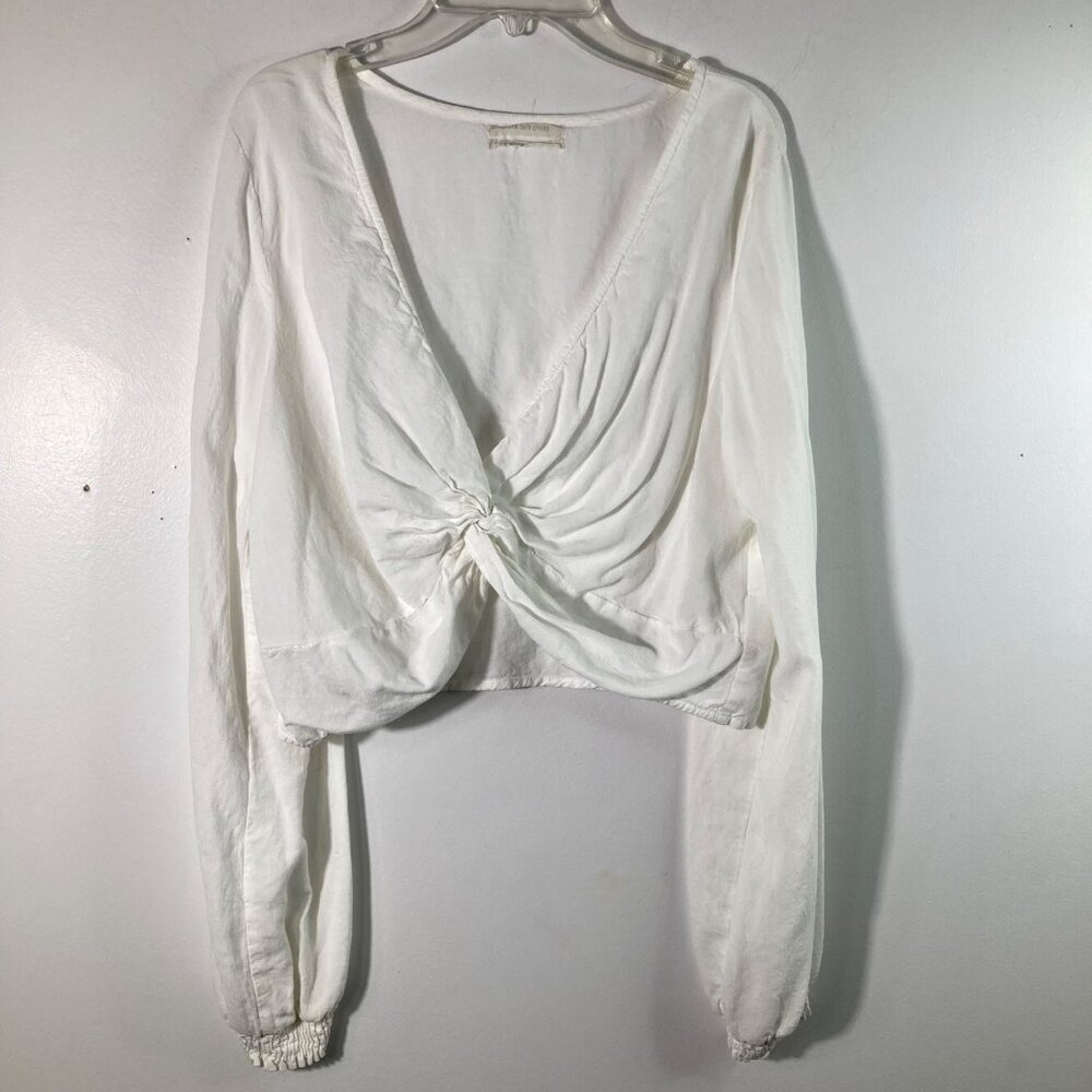 Womens Urban Outfitters Knot Tie Front Blouse White L Long Sleeve Rayon Linen
